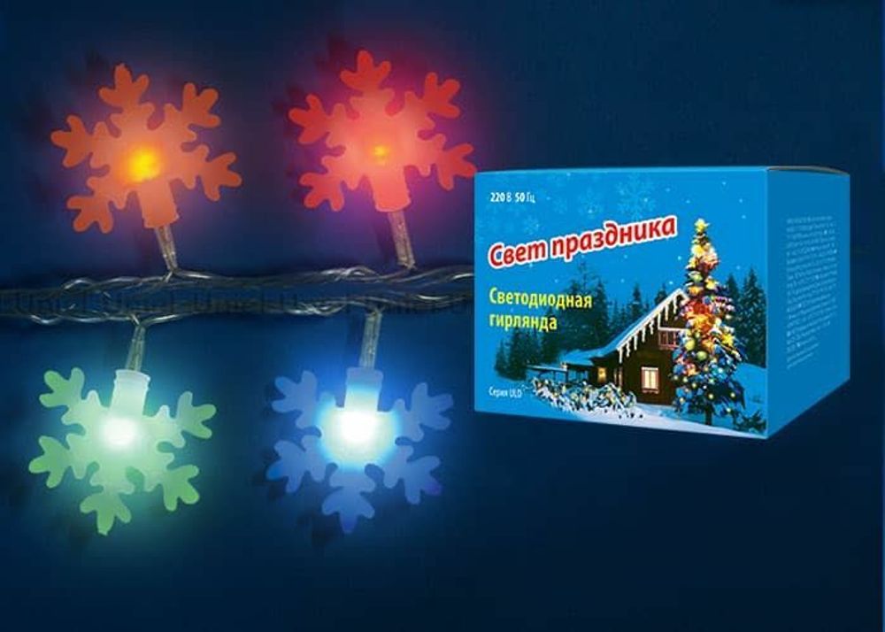 ULD-S0700-050/DTA MULTI IP20 SNOWFLAKES-3 Гирлянда светодиодная с контроллером «Снежинки-3», 50 светодиодов, 7 м, разноцветная, IP20,провод прозрачный