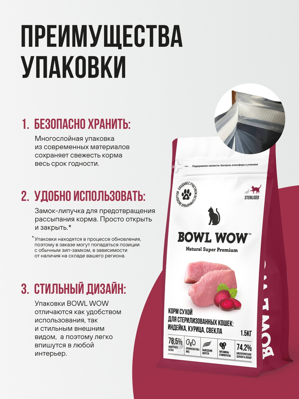 Сухой корм Bowl Wow для стерилизованных кошек, с индейкой, курицей и свеклой - 1,5 кг