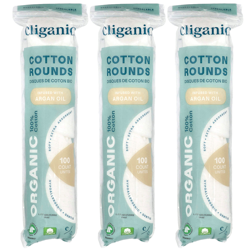 Cliganic, Круглые кружки из органического хлопка с аргановым маслом, 3 упаковки (100 шт.)