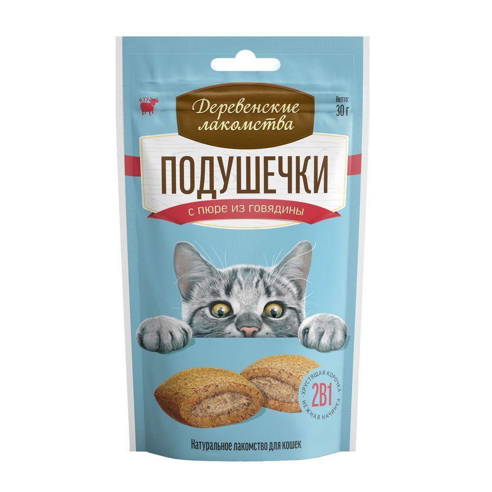 Деревенские лакомства для кошек Подушечки с пюре из ГОВЯДИНЫ 30гр