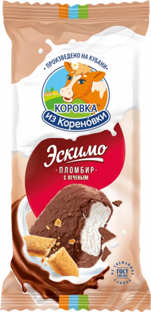 Мороженое Коровка из Кореновки, эскимо, пломбир с печеньем в шоколадной глазури, 70 гр