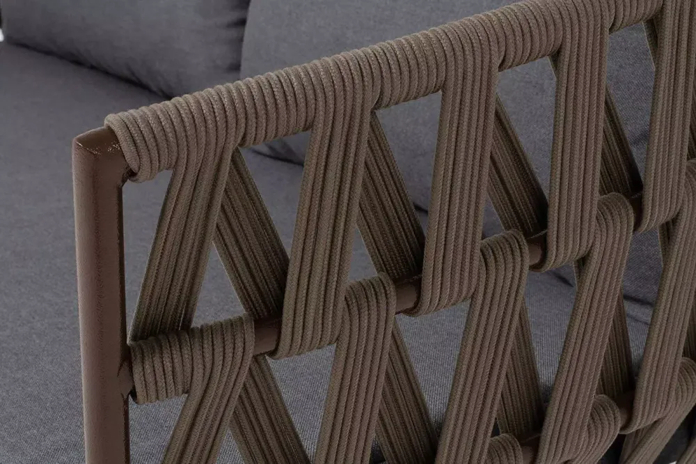 "Диего" диван 2-местный плетеный из роупа, каркас алюминий коричневый (RAL8016) муар, роуп коричневый круглый, ткань темно-серая 027