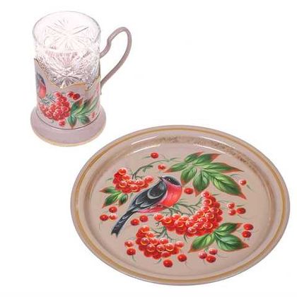 Set of 1 tea glass holder with zhostovo metal tray 22 cm SET18122022016