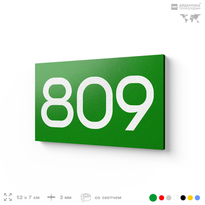 Номер на дверь 809, табличка на дверь для офиса, квартиры, кабинета, аудитории, склада, зеленая 120х70 мм, Айдентика Технолоджи