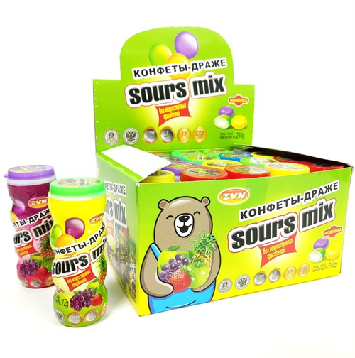 Конфеты-драже «SOURS MIX» со вкусом лимона, клубники и черники ZVN ™ БАЛАБОЛ ™ 12г*20 шт*24бл