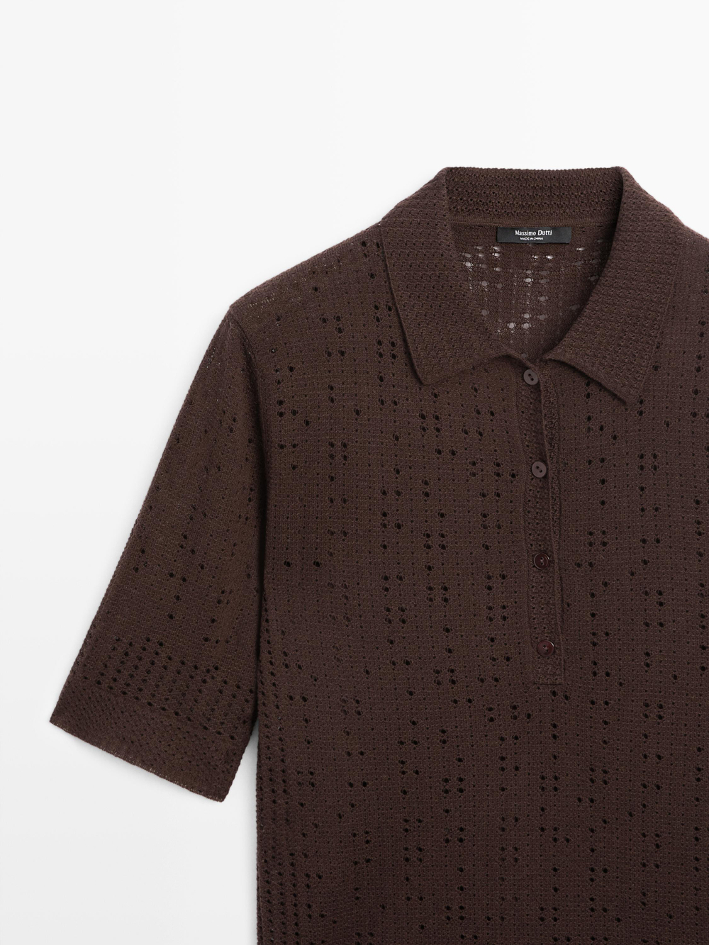 Massimo Dutti Трикотажное поло из смесовой шерсти с короткими рукавами, шоколадный