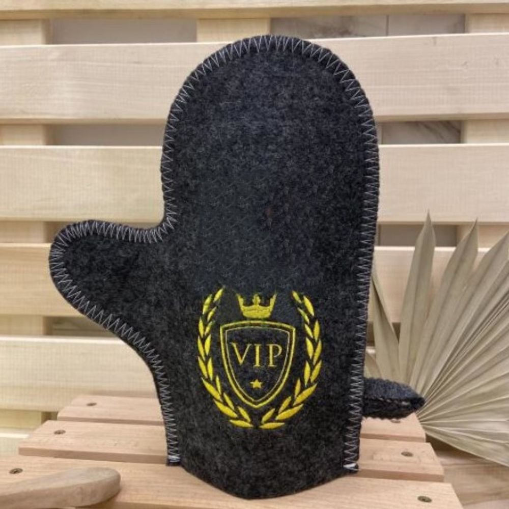 Варежка банная серая с вышивкой "VIP" 30% шерсть/70% полиэфир