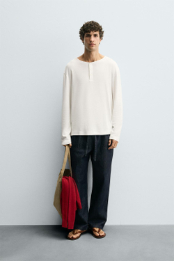 ZARA ФУТБОЛКА В КЛЕТКУ С ВОРОТНИКОМ НА ПУГОВИЦАХ, ЖЕЛТОВАТО-БЕЛЫЙ