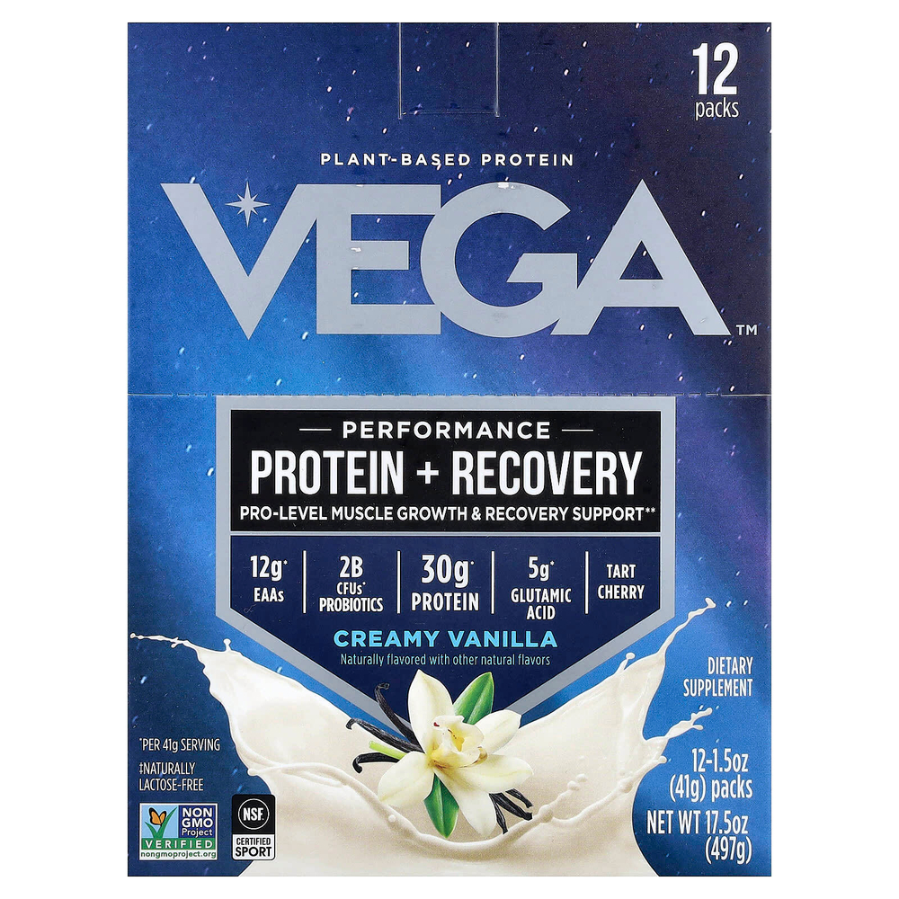 Vega, Растительный протеин, протеин для повышения эффективности и восстановления, кремовая ваниль, 12 пакетиков по 41 г (1,5 унции)