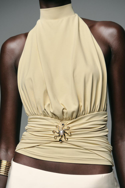 ZARA ТОП ИЗ ПОЛИАМИДА СО СБОРКАМИ И СОЛНЦЕМ, ЖЕЛТЫЙ