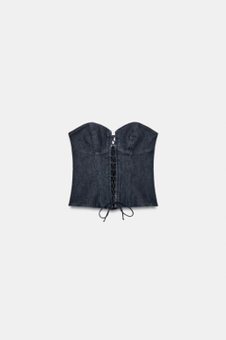 ZARA ДЖИНСОВЫЙ КОРСЕТНЫЙ ТОП TRF, ТЕМНЫЙ ИНДИГО