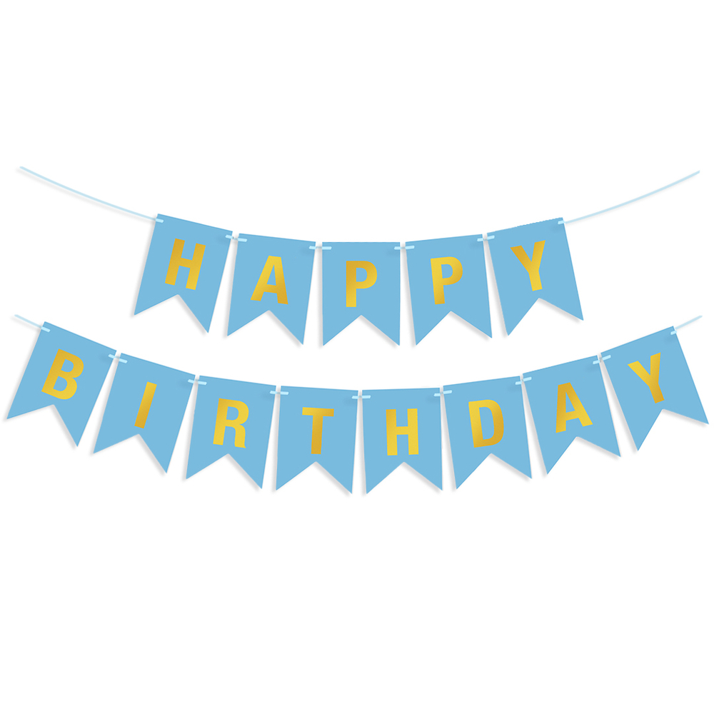 Гирлянда Флажки, Happy Birthday, Ярко-голубой/Золото, Металлик, 500 см, 16*12 см