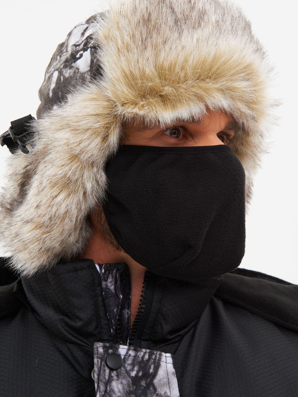 Шапка ушанка зимняя Альтаир с маской ткань Alova цвет Белый лес (ветки)