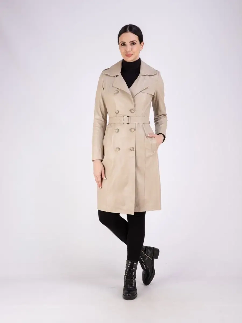 Тренч длинный кожаный с поясом плащ на весну