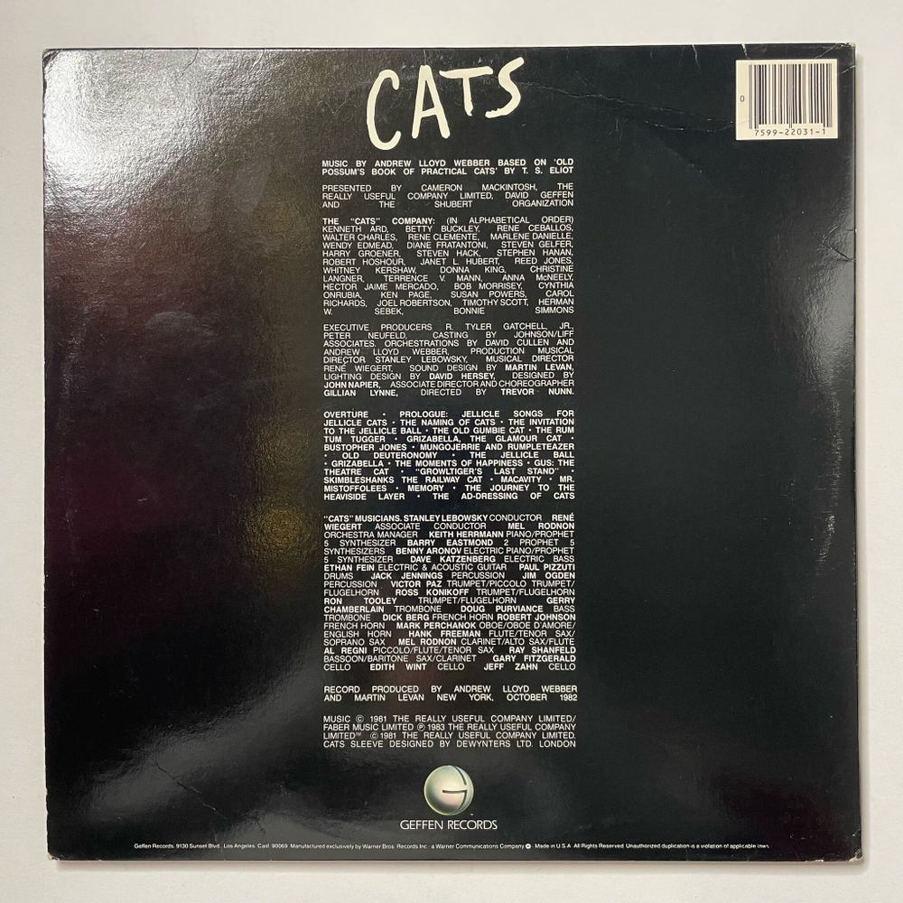 Винтажная виниловая пластинка LP Мюзикл Кошки Andrew Lloyd Webber Cats Complete Original Broadway Cast Recording (USA 1983)