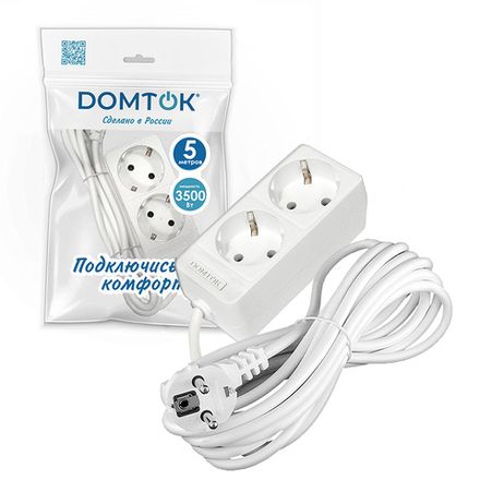 Удлинитель бытовой "DOMTOK" 2гн., ПВС 3*1, 3,5кВт, з/к 5м (1/30)