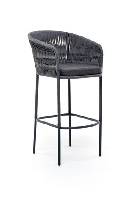 "Бордо" стул барный плетеный из роупа (колос), каркас из стали серый (RAL7022), роуп серый 15мм, ткань серая 017