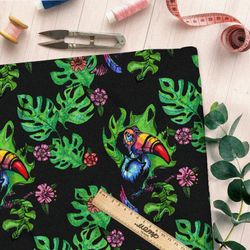 Ткань шифон тукан с листьями монстеры