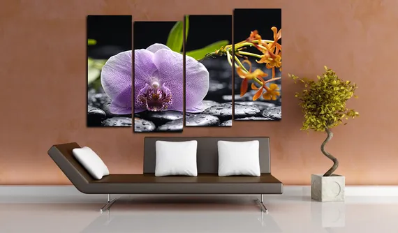 Модульная картина "Орхидея и черные камни"