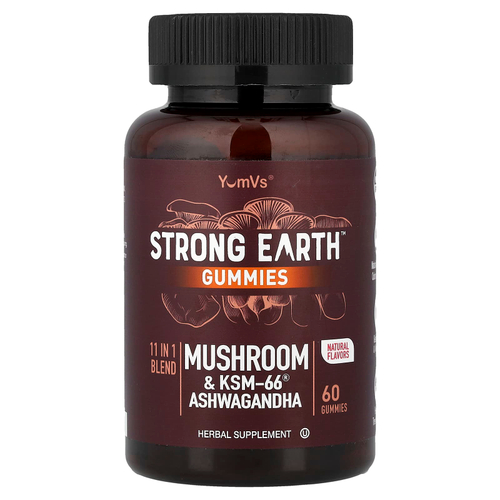 YumVs, жевательные таблетки Strong Earth™, гриб и ашваганда KSM-66®, 60 жевательных таблеток