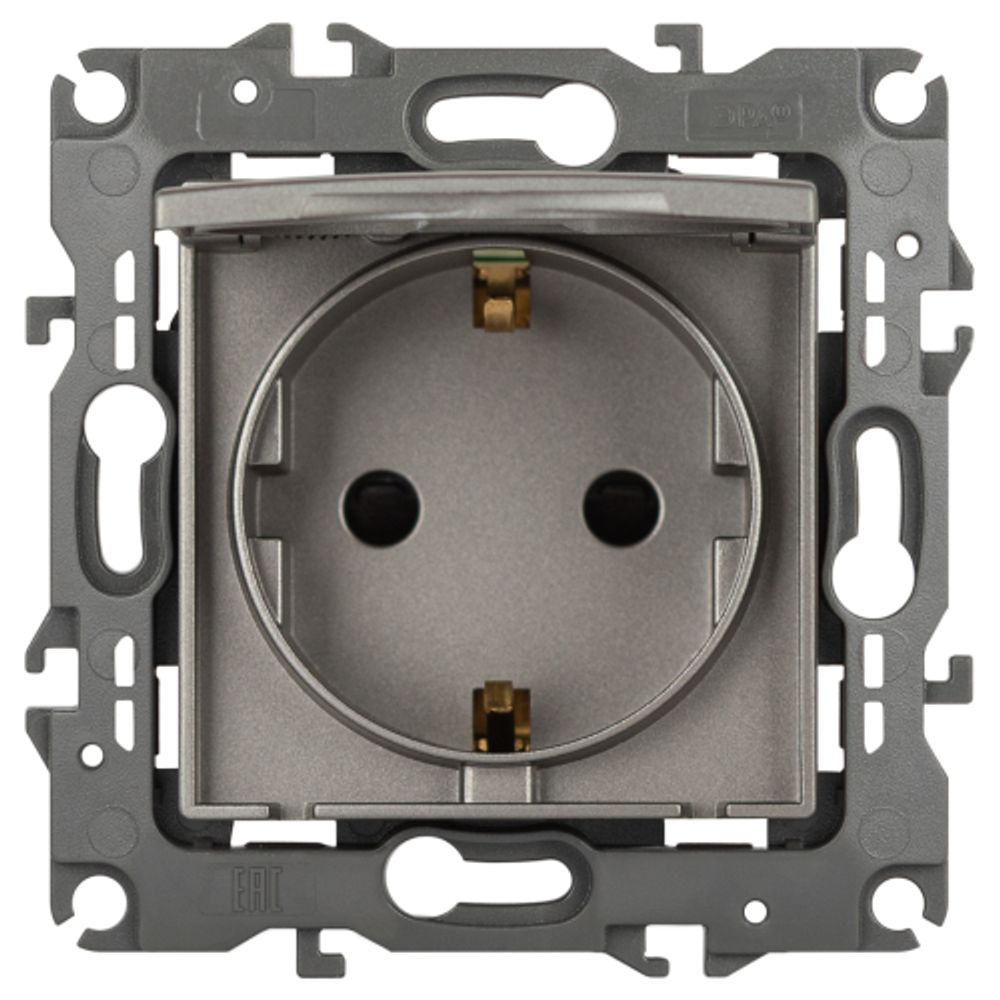 Розетка ЭРА Серия 12 12-2103-16 , 2P+E Schuko со шторками с крышкой, 16А-250В, титан