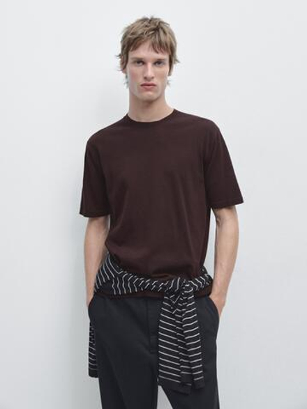 Massimo Dutti Хлопковая футболка с коротким рукавом, бургунди