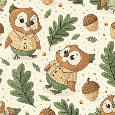 Совы, листья, жёлуди 1