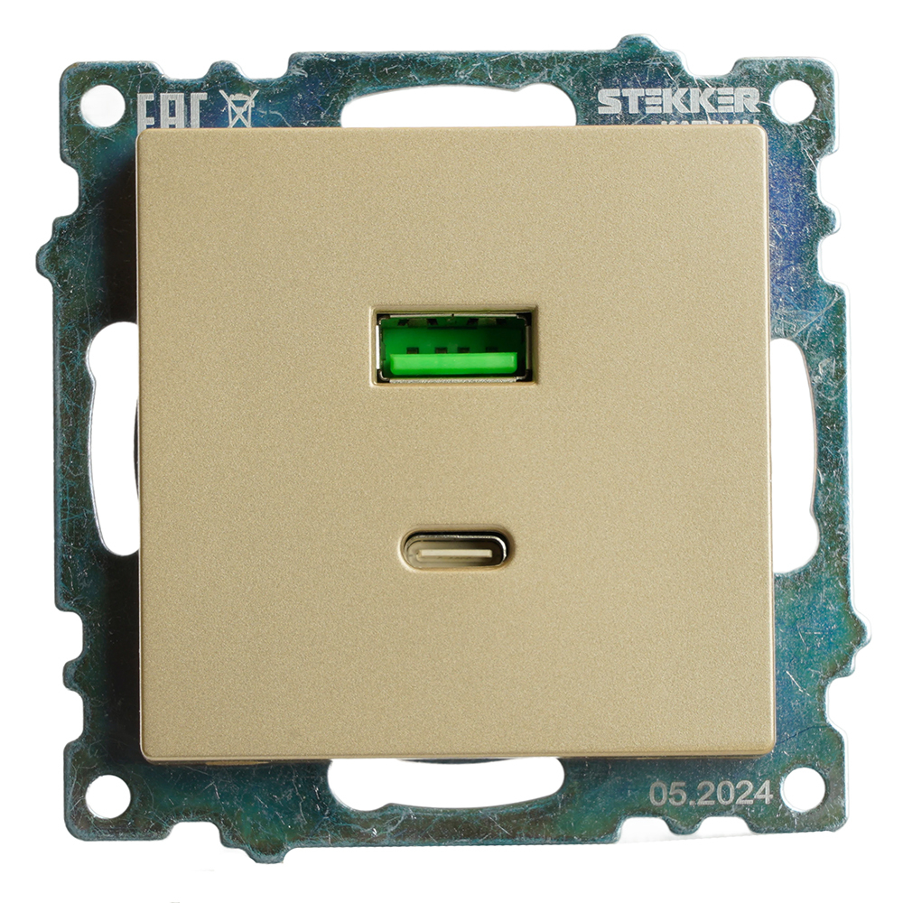 Розетка 2-местная USB + type C (механизм), 250В, 3А, max 20W, STEKKER, GLS10-7116-08, серия Катрин, золото 50053