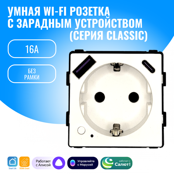 Умная WiFi розетка встраиваемая с USB и Type-C Smart Aura модуль без рамки