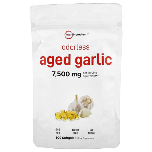 Micro Ingredients, Выдержанный чеснок без запаха, 7500 мг, 300 мягких таблеток (3750 мг в 1 капсуле)