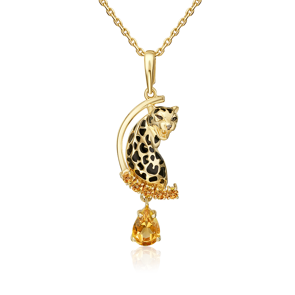 Подвеска «Леопард» из лимонного золота с цитринами и эмалью