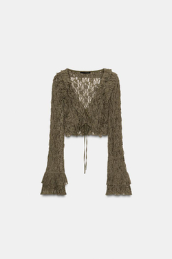 ZARА УКОРОЧЕННЫЙ КАРДИГАН С КРУЖЕВОМ И ВОЛАНАМИ, СЕРО-КОРИЧНЕВЫЙ