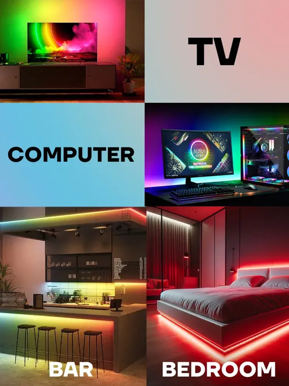 Светодиодная лента RGB 10м, гирлянда, управление с телефона и пульта, многоцветная подсветка для кухни и комнаты