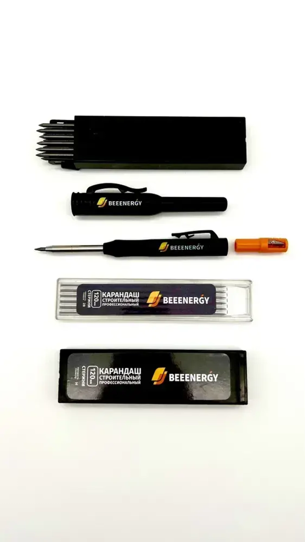 Карандаш строительный профессиональный BeeEnergy 120мм комплект грифелей 18шт Н и 12 шт 2В