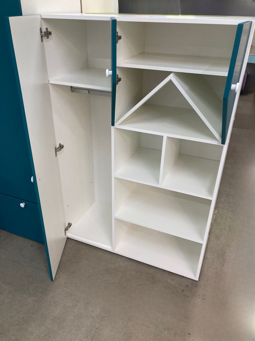 Шкаф-стеллаж Домик МДФ белый/аквамарин