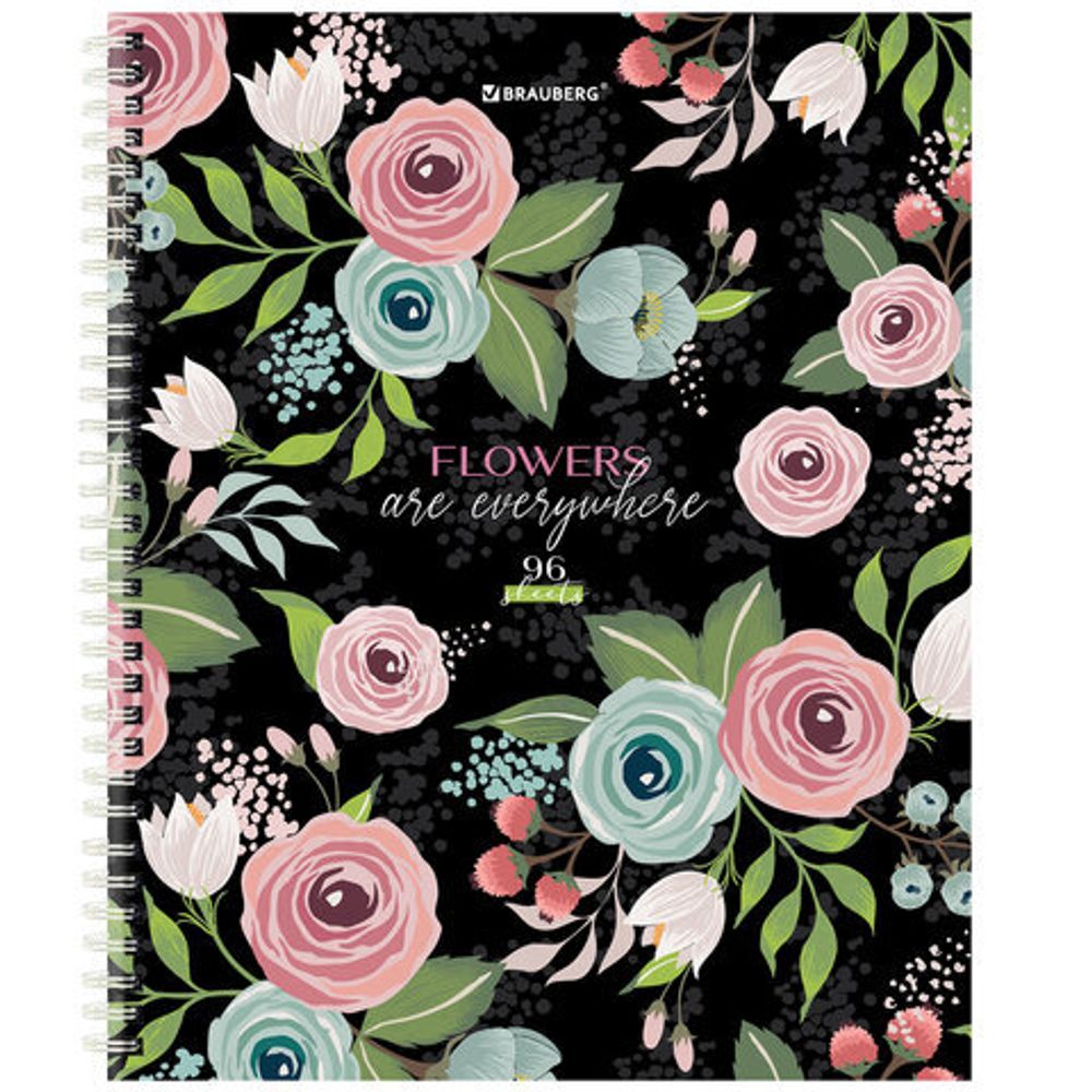 Тетрадь А5 96 л. BRAUBERG, гребень, клетка, твёрдая обложка, "Flowers", 404444, 4шт
