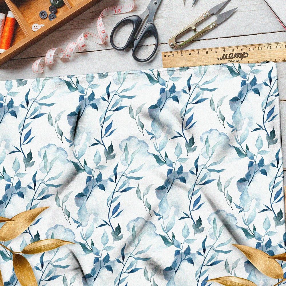 Ткань футер 2-х нитка синевато-голубые листья
