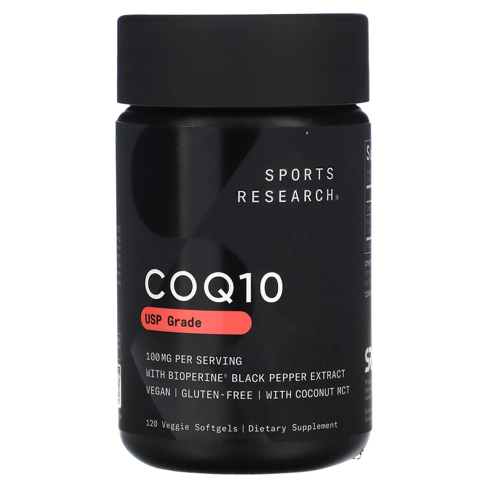 Sports Research, коэнзим Q10 класса USP с экстрактом BioPerine, 100 мг, 120 вегетарианских капсул