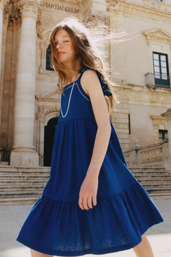 ZARA ПЛАТЬЕ ИЗ СМЕСОВОГО ЛЬНА С ДЕКОРАТИВНОЙ СТРОЧКОЙ, ЯРКО-СИНИЙ