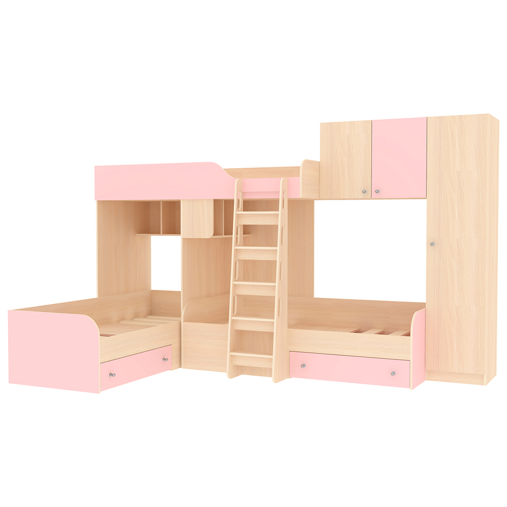 Кровать-чердак КарИВи Трио 2  Дуб Молочный Розовый