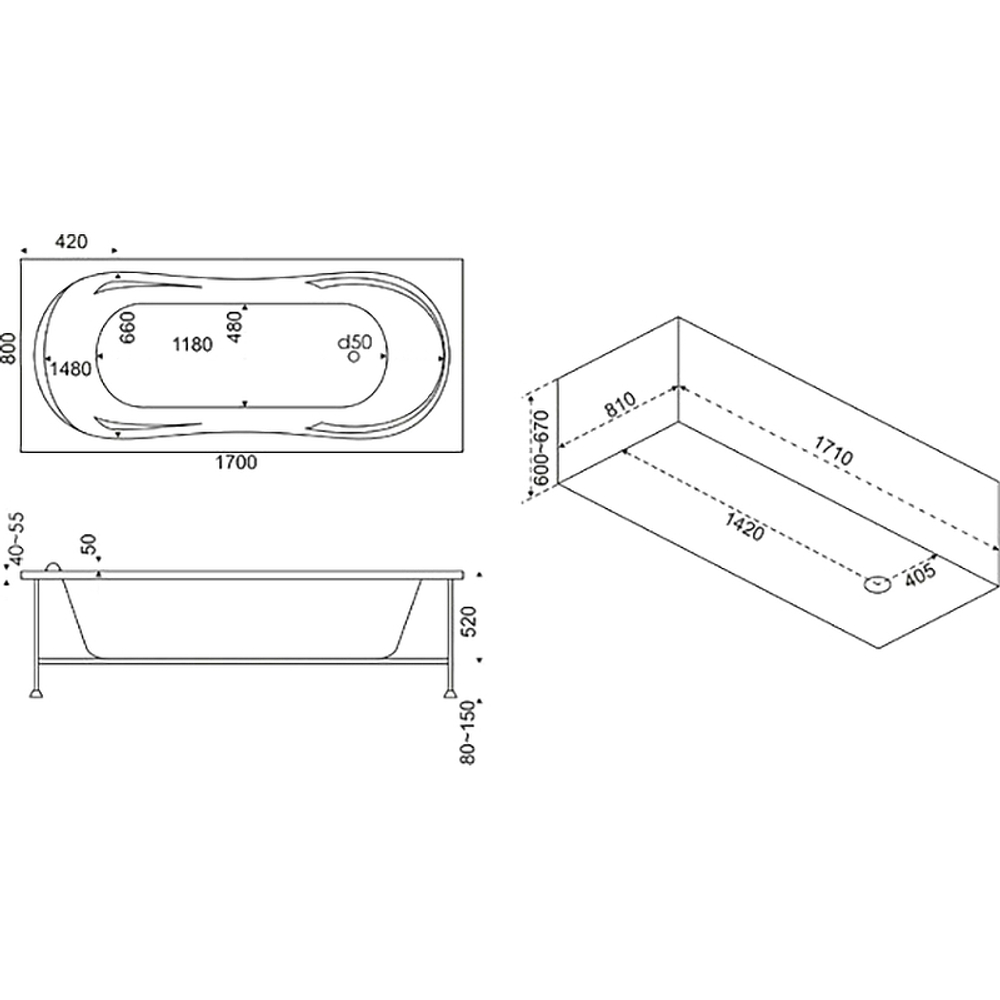 Акриловая ванна Bas (Бас) Ахин 170x80, с каркасом