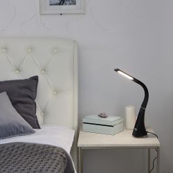 TLD-542 Black-LED-300Lm-5000K-Dimmer Светильник настольный c часами. календарем. термометром. 5W. Сенсорный выключатель. Черный стилизован под кожу. TM Uniel.