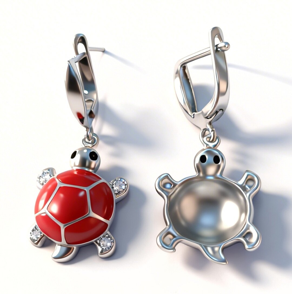 Ювелирные серьги"Черепаха" из серебра 925 пробы,вставка эмаль,фианиты