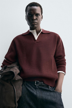 ZARA ПОЛО ИЗ ДВУХИЗНАНОЧНОГО ТРИКОТАЖА, БУРГУНДИ