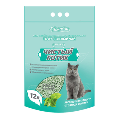 Чистый котик Наполнитель комкующийся Тофу Зеленый чай 12л