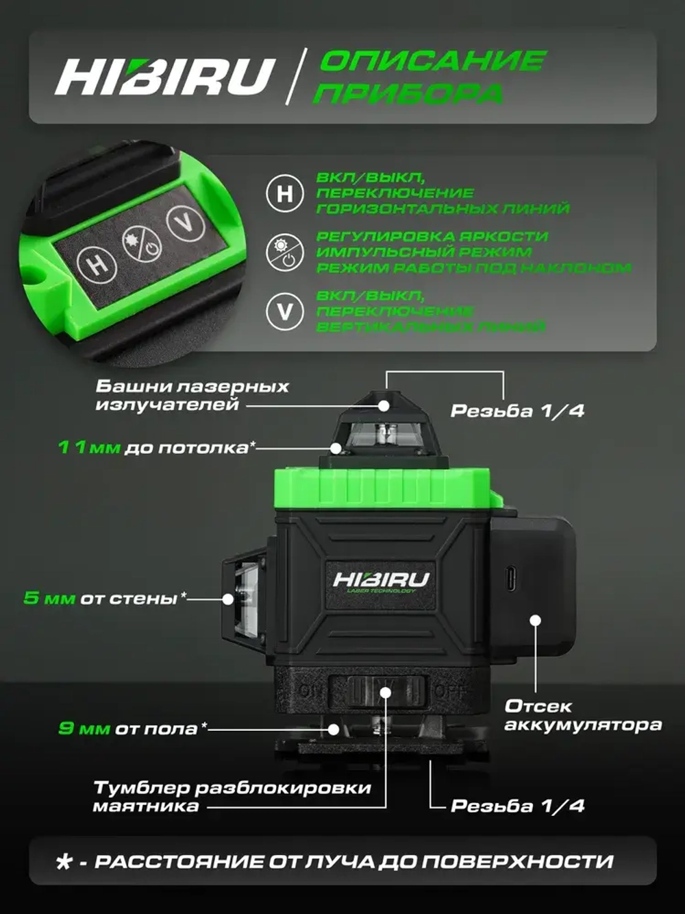 HIBIRU/ Профессиональный лазерный уровень нивелир со штативом Omnitronic 4D 16 линий 360 градусов, зеленый луч, откалиброван, гарантия, пульт