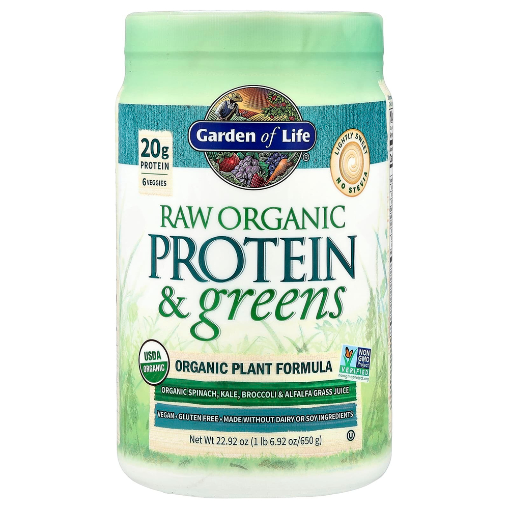 Garden of Life, RAW Protein & Greens, органическая растительная формула, слегка сладкое, 650 г (22,92 унции)