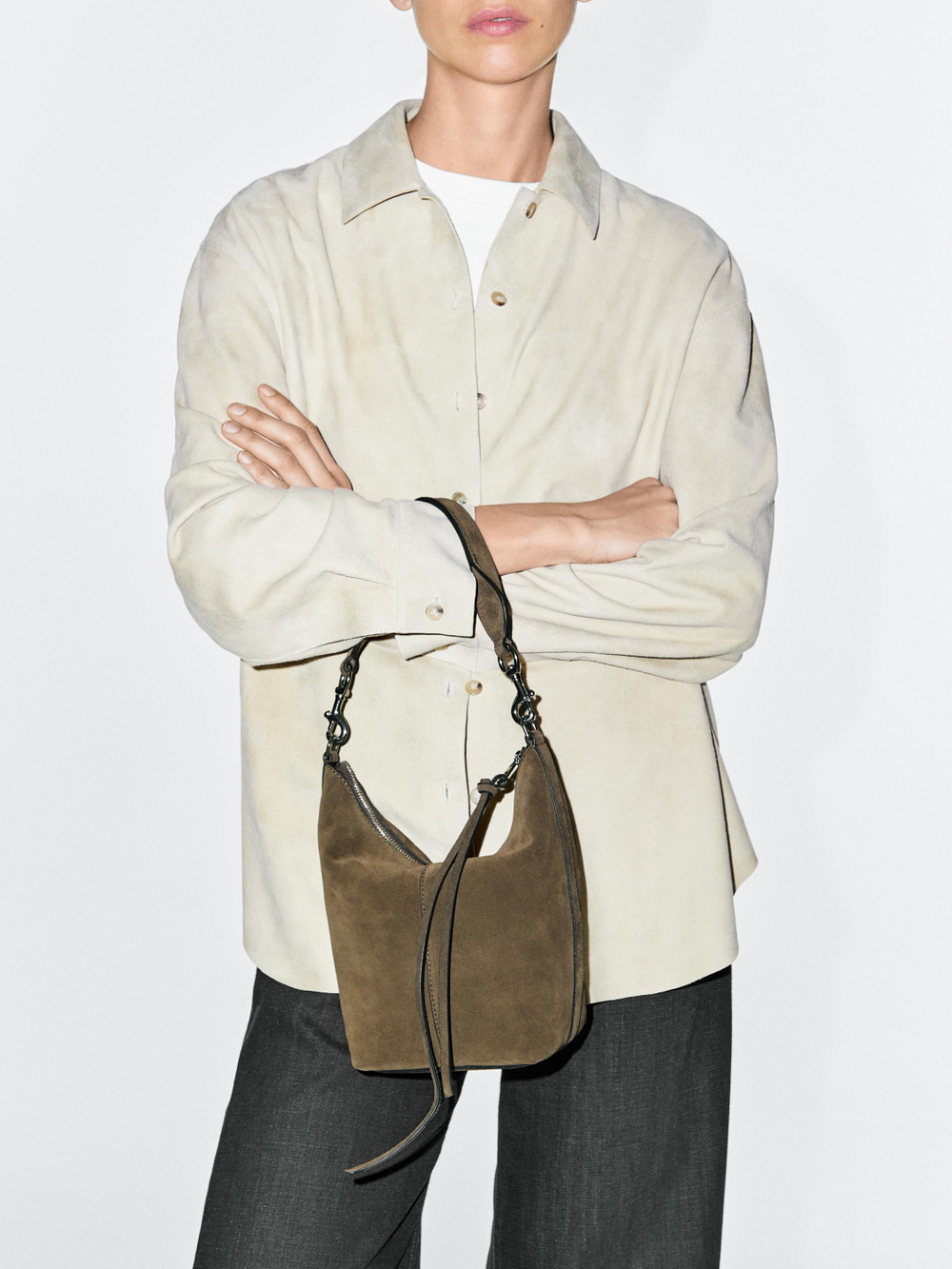 Massimo Dutti Сумка-мешокиз натуральной замши, хаки