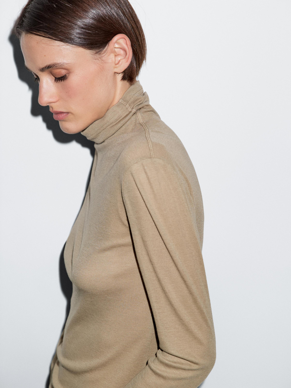 Massimo Dutti Футболка из смеси лиоцелла и шерсти с длинными рукавами, бежевый