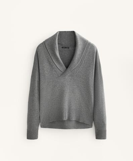 Oysho Джемпер с V-образным вырезом и лацканом, серый меланж